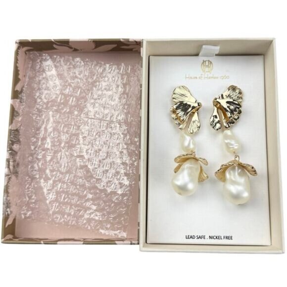 NWT HOUSE OF HARLOW 1960 Gold Tone Leaf Faux Pearl Dangle Drop Earrings - Picture 4 of 7